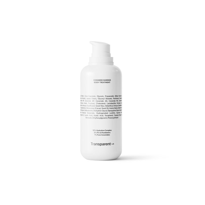 Transparent Lab Ceramide Barrier Body Treatment styrkende kroppsbehandling i hvit pumpeflaske med ceramider.