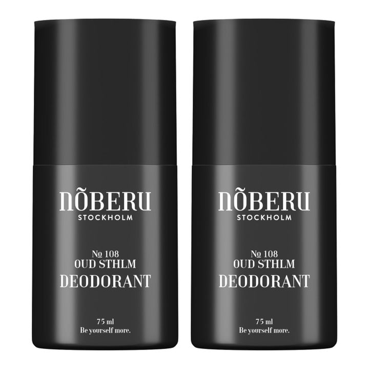 Nõberu No 108 Oud Sthlm Deodorant 2x75 ml beskytter mot lukt i to mattsvarte sylindriske beholdere med hvit tekst
