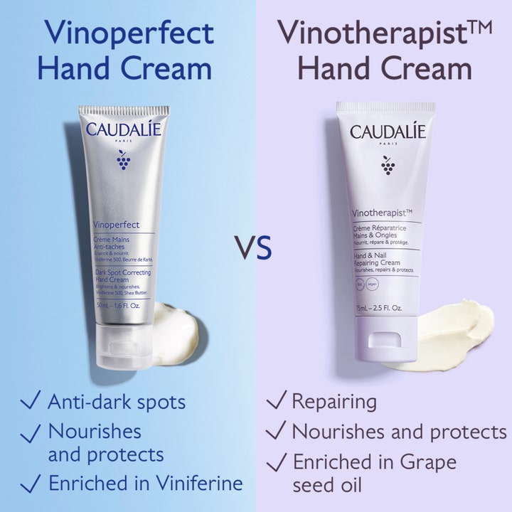 Caudalie Vinoperfect Hand Cream 50 ml mot mørke flekker i en sammenligning med Vinotherapist og hvit tekstur.
