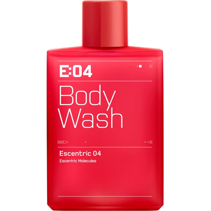 Escentric Molecules Escentric 04 Body Wash 200 ml rengjørende kroppsvask i en rød rektangulær flaske med hvit tekst