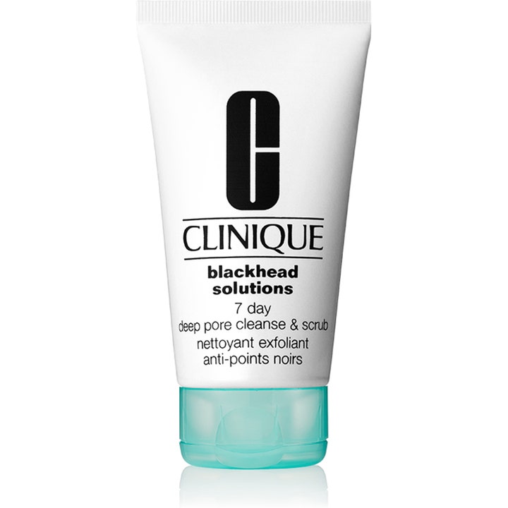 Clinique Blackhead Solutions 7 Day Deep Pore Cleanse & Scrub dyptrensende skrubb i hvit tube med turkis lokk