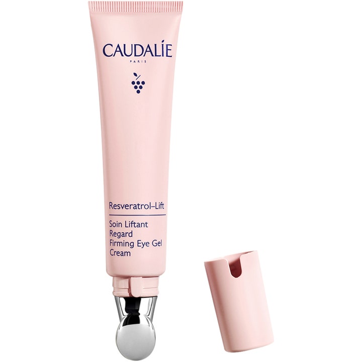 Caudalie Resveratrol-Lift 15 ml oppstrammende øyekrem i rosa tube med kjølende metallapplikator og løs kork