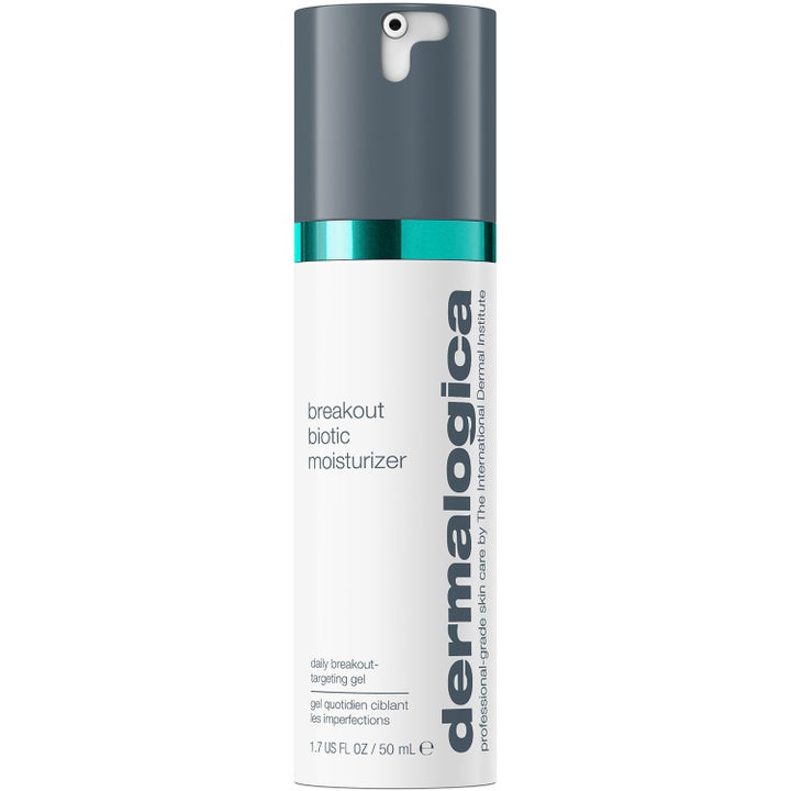 Dermalogica Breakout Biotic Moisturizer 50 ml fuktighetskrem som motvirker urenheter i hvit flaske med grått pumpehode