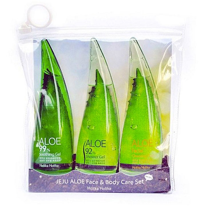 Holika Holika Jeju Aloe Face And Bodycare Set 165 ml hudpleiesett i gjennomsiktig reisemappe