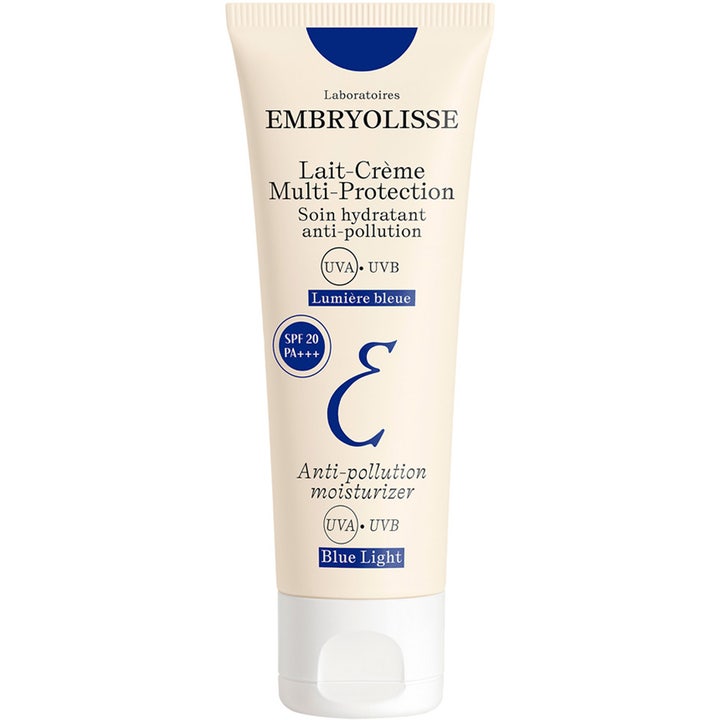 Embryolisse Lait-Crème Multi-Protection fuktighetskrem med SPF 20 i en beige tube med blå detaljer og hvit kork.