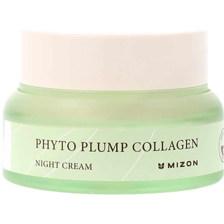 Mizon Phyto Plump Collagen Night Cream nattkrem som gir spenst i en lysegrønn frostet glasskrukke med lyst lokk.