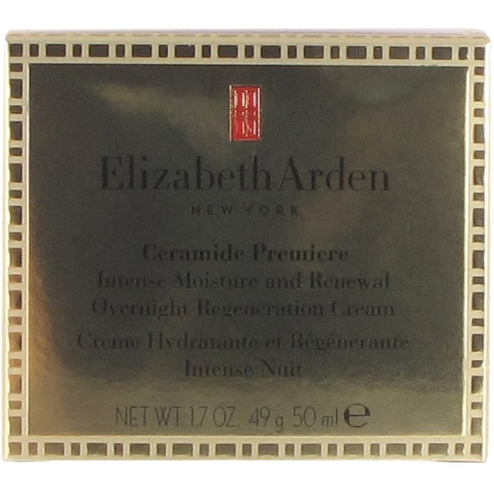 Elizabeth Arden Ceramide Premiere 50 ml fuktighetsgivende nattkrem i en luksuriøs gullfarget eske med rød logo.