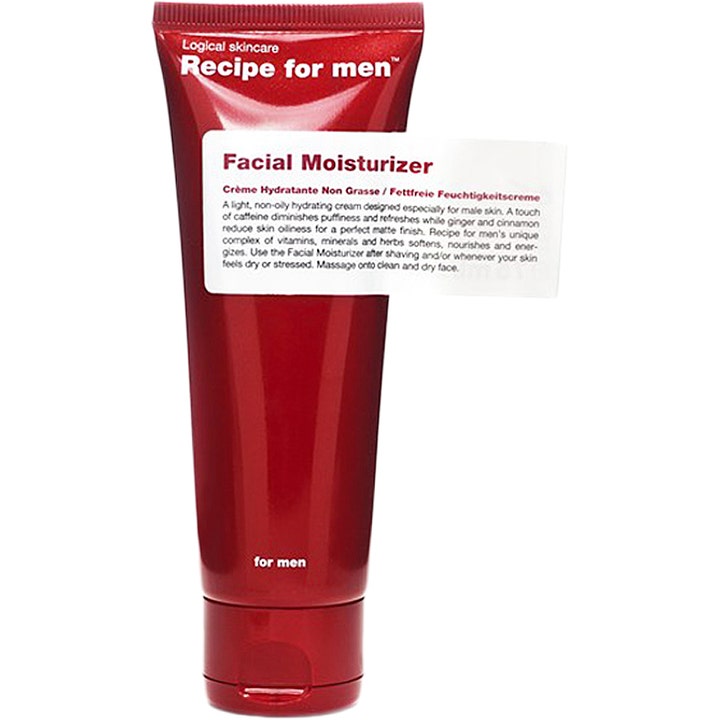 Recipe for men Facial Moisturizer 75 ml fuktighetskrem som gir matt finish i rød tube med hvit etikett
