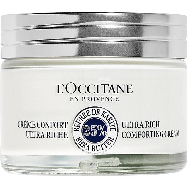 L'Occitane Shea Ultra Rich Comforting Cream nærende ansiktskrem med 25% sheasmør i glasskrukke med sølvlokk