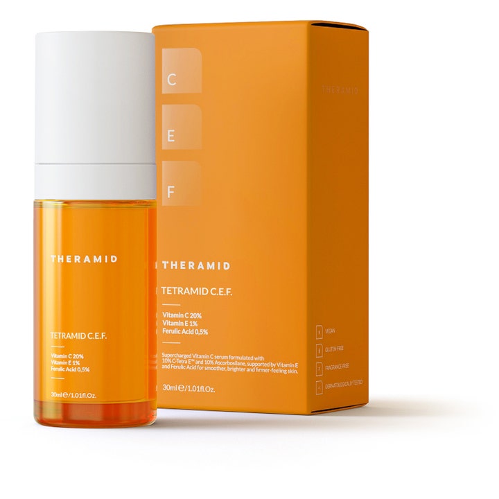 Niche Beauty Lab Theramid Tetramid C.E.F 30 ml glødgivende serum i oransje glassflaske med hvit pumpe og eske
