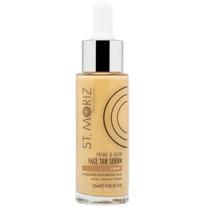 St. Moriz Prime & Glow Face Tan Serum Light 25 ml fuktighetsgivende selvbruningsserum i glassflaske med sølvfarget topp.