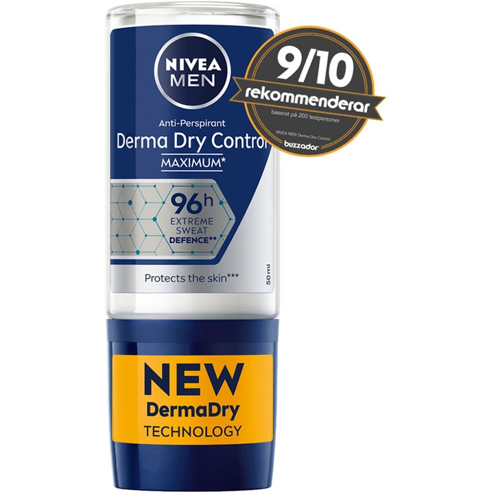 NIVEA Men Derma Dry Control 50 ml roll-on deodorant gir 96 timers beskyttelse i blå hvit flaske med Buzzador-merke