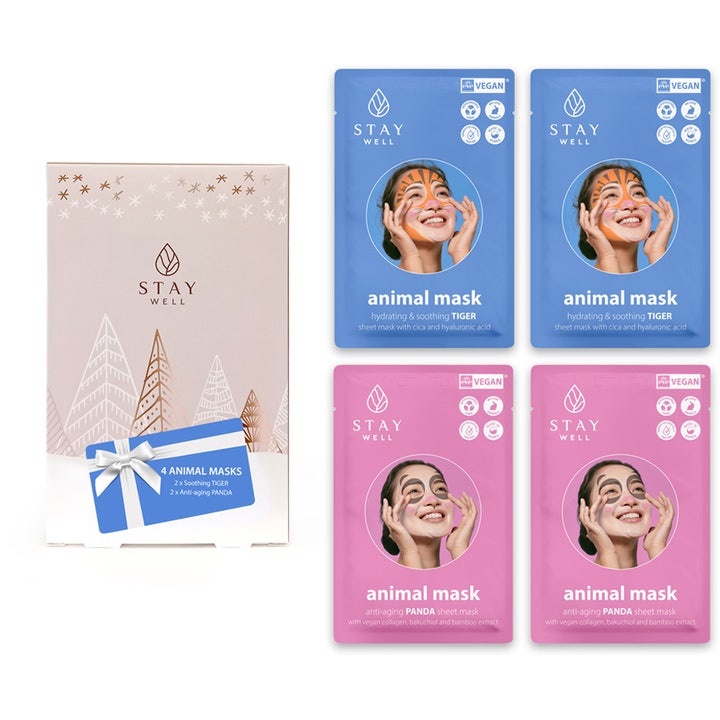 Stay Well Animal Masks Set 4 stk ansiktsmasker i gaveeske med to blå tiger- og to rosa pandamaske-poser