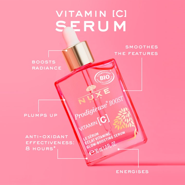 Nuxe Prodigieuse Boost Vitamin C Glow Boosting Serum 30 ml glødgivende serum i rosa glassflaske med pipette og gullkork