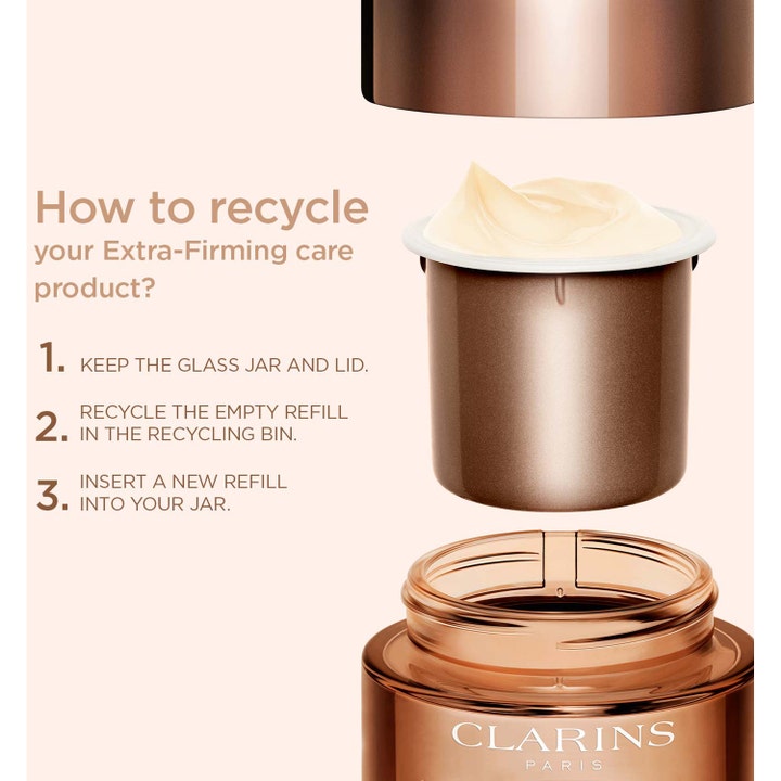 Clarins Extra-Firming Jour 50 ml oppstrammende dagkrem i glasskrukke med instruksjoner for refill.