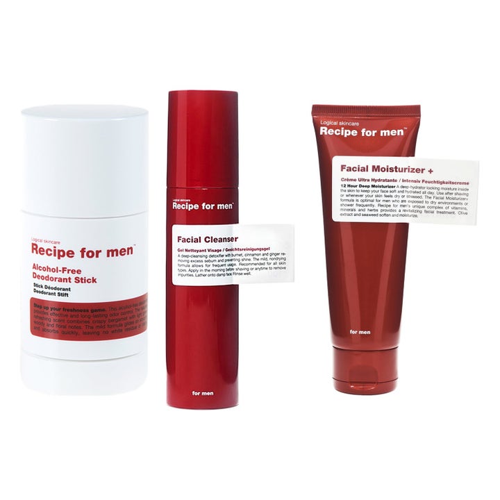Recipe for men sett med Facial Cleanser og Moisturizer som gir fuktighet i rød og hvit emballasje