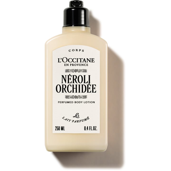 L'Occitane Néroli & Orchidée 250 ml fuktighetsgivende bodylotion i beige flaske med svart pumpe og hvit etikett