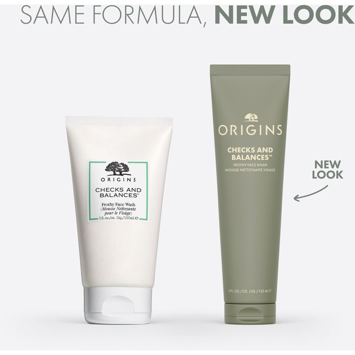 Origins Checks and Balances 150 ml ansiktsrens viser gammel hvit tube og ny grønn tube med teksten new look