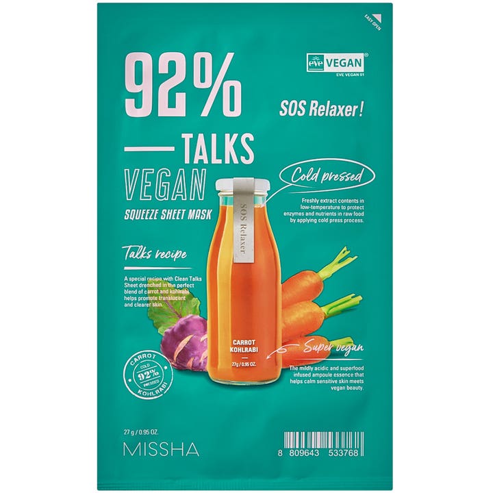 Missha Talks Vegan Squeeze Sheet Mask 27g beroligende ansiktsmaske i grønn forpakning med gulrot og kålrabi