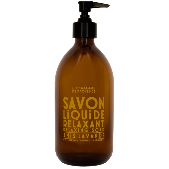 Compagnie de Provence Savon Liquide Relaxant 500ml beroligende flytende såpe i brun glassflaske med sort pumpe.