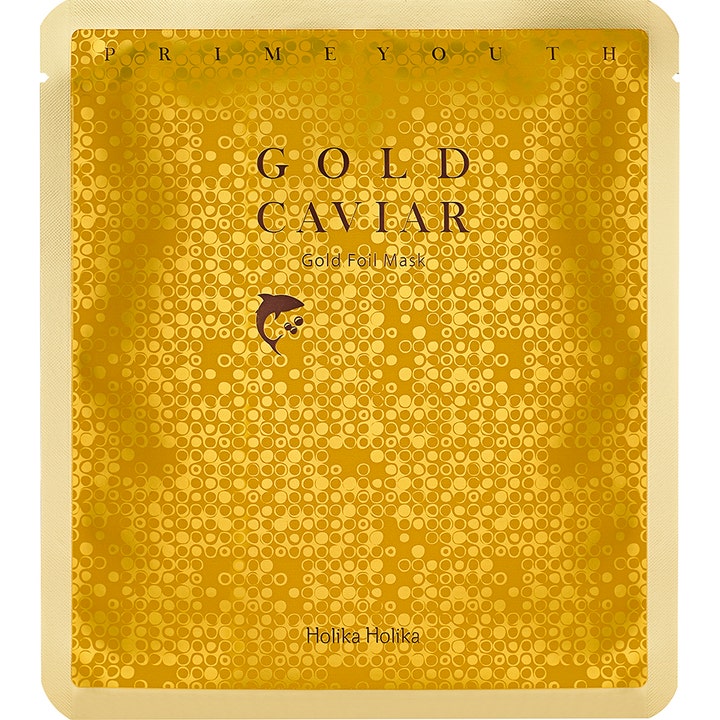 Holika Holika Prime Youth Gold Caviar 25 g ansiktsmaske i gullfarget pakke som gir fuktighet.