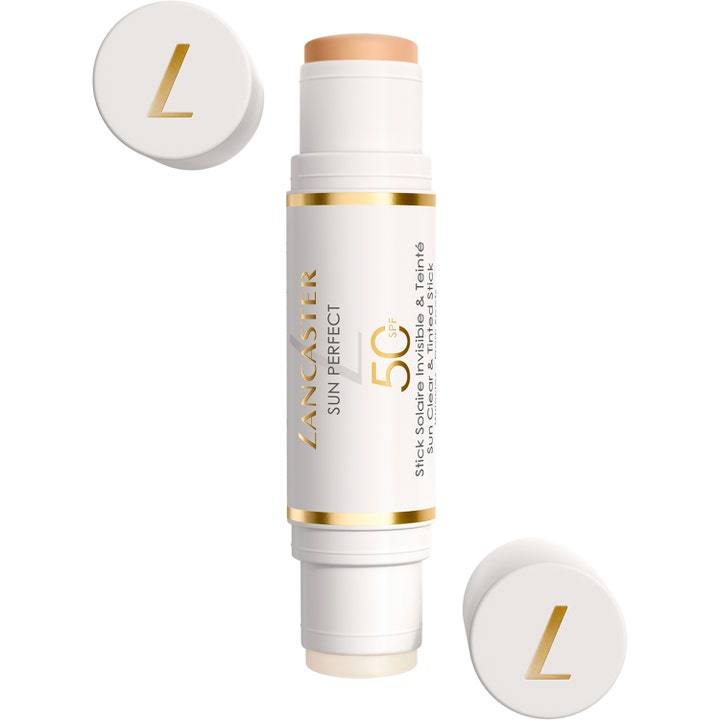 Lancaster Sun Perfect Sun Clear & Tinted Stick SPF 50 solstift gir høy solbeskyttelse i hvit hylse med gullkant