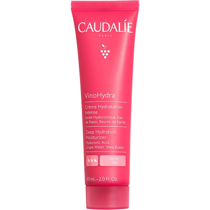 Caudalie VinoHydra Deep Hydration Moisturizer 60 ml fuktighetskrem med hyaluronsyre i en knallrosa tube med hvit tekst