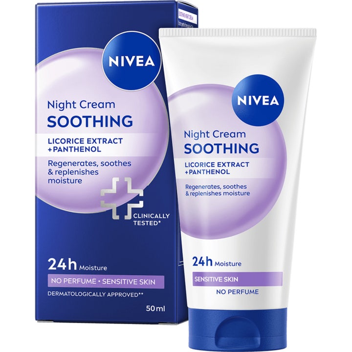 Nivea Night Cream Soothing 50 ml beroligende nattkrem for sensitiv hud i hvit tube og blå eske med lilla detaljer