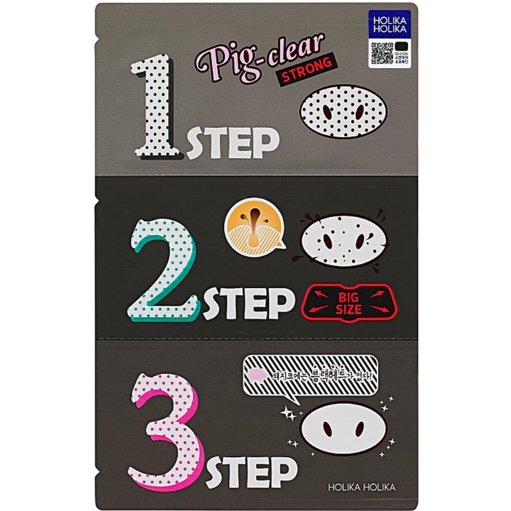 Holika Holika Pig-clear Strong 3-step nesemaske mot hudormer i grå og svart pakning med trinnvise illustrasjoner.