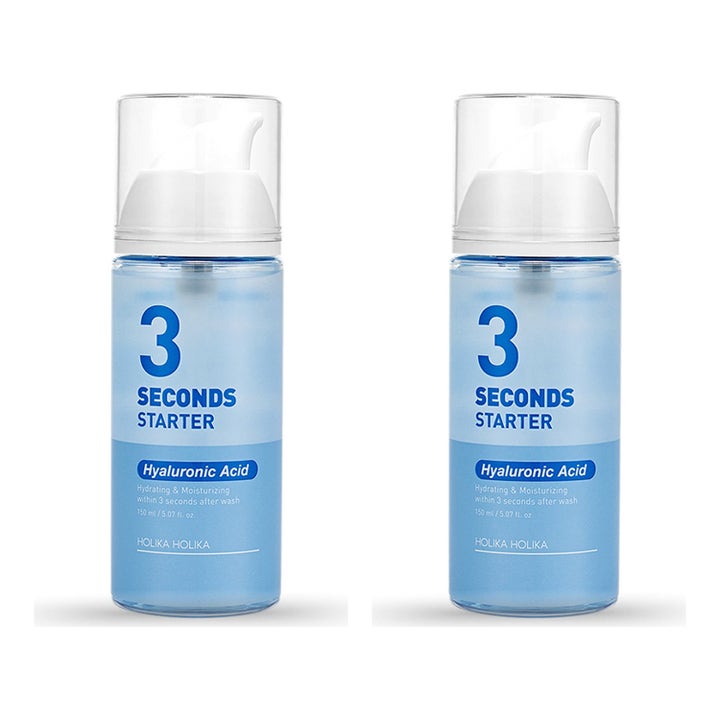 Holika Holika 3 Seconds Starter 150 ml hyaluronsyre gir fuktighet i to lyseblå flasker med hvit pumpe.