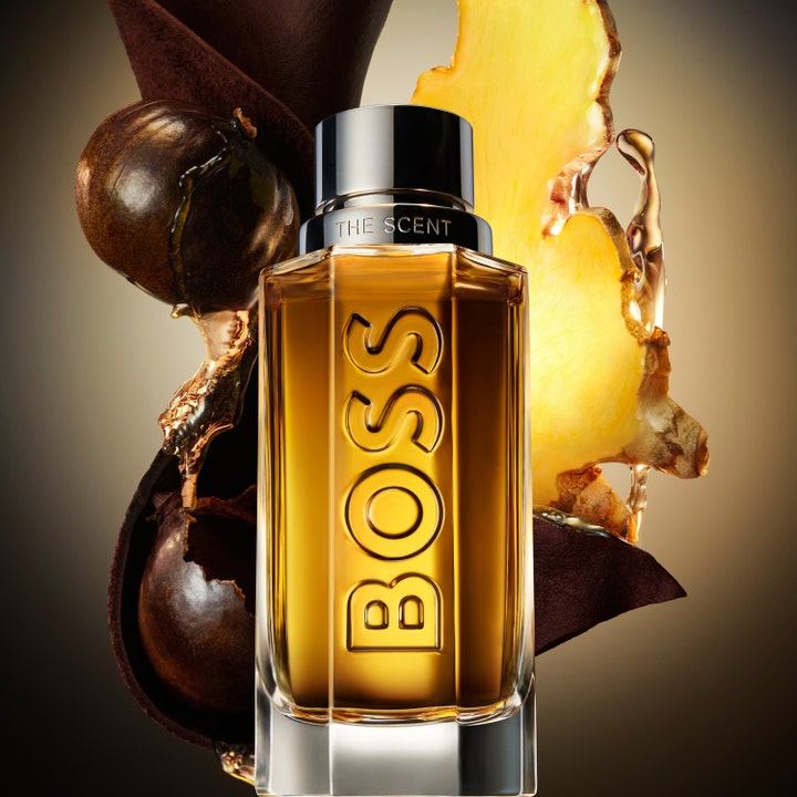 Hugo Boss Boss The Scent 100 ml after shave lotion i glassflaske med sølvlokk omgitt av ingefær og maninkafrukt