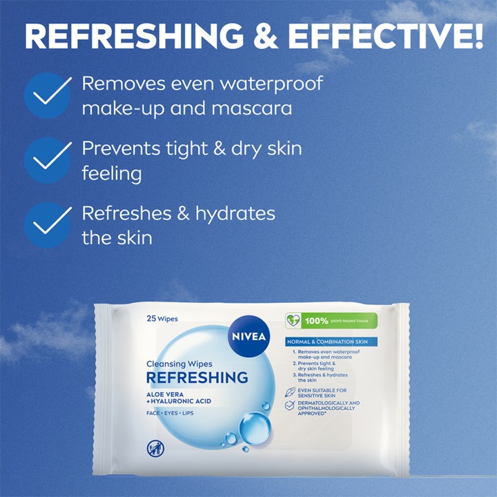 NIVEA Refreshing Cleansing Wipes 25 stk ansiktsrens gir sunn hud. Viser smilende kvinne og tekst om 94% bekreftelse.