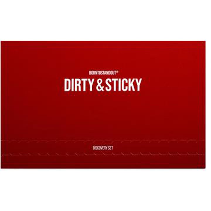 BORNTOSTANDOUT Dirty & Sticky Discovery Set parfymesett som gir en unik duftopplevelse i en rød eske med hvit tekst.