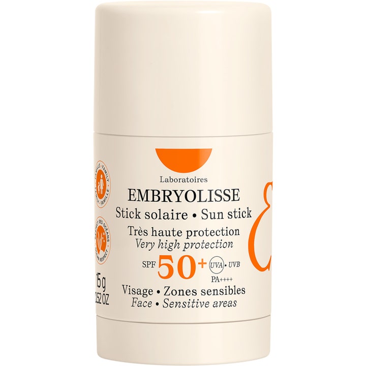 Embryolisse Sun Stick 15g beskyttende solstift med SPF 50+ i en hvit sylindrisk hylse med oransje detaljer