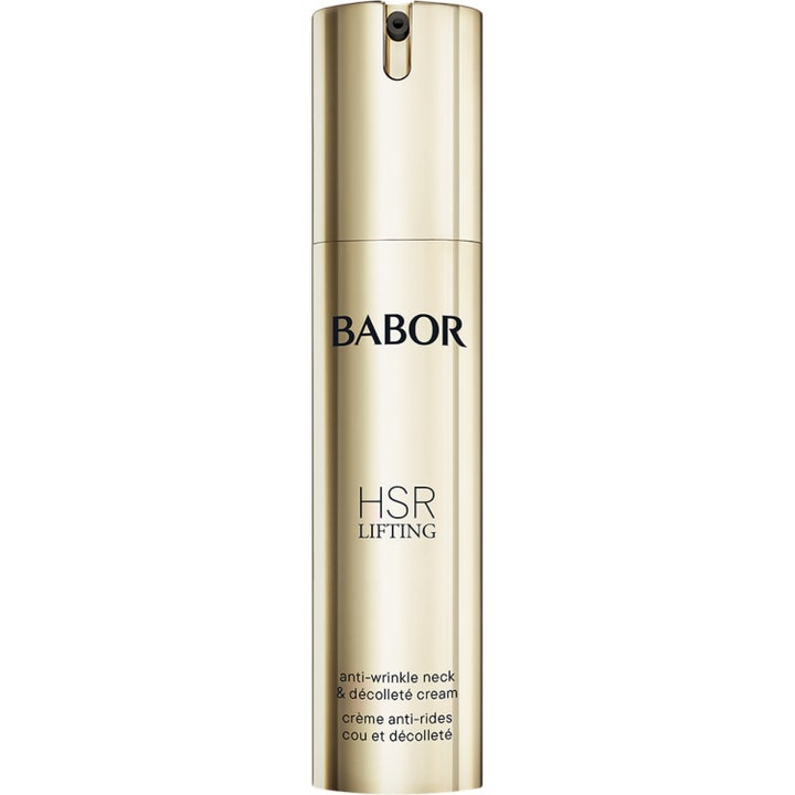 Babor HSR Lifting Anti-Wrinkle Neck & Décolleté Cream oppstrammende krem i en luksuriøs gullfarget sylinderflaske