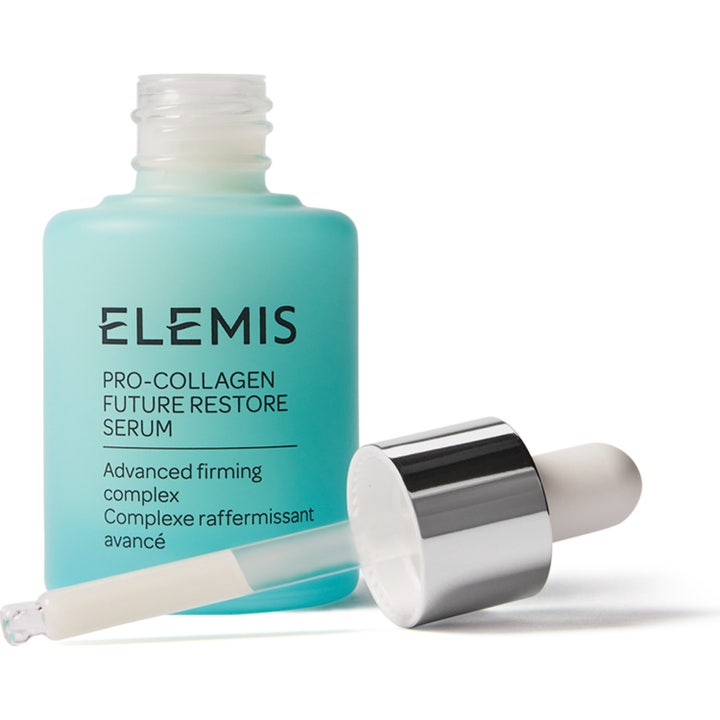 Elemis Pro-Collagen Future Restore Serum oppstrammende ansiktsserum i lyseblå glassflaske med hvit og sølvfarget pipette.