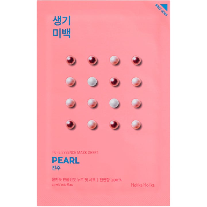 Holika Holika Pure Essence Mask Sheet Pearl 23 ml glødgivende arkmaske i rosa forpakning dekorert med perler