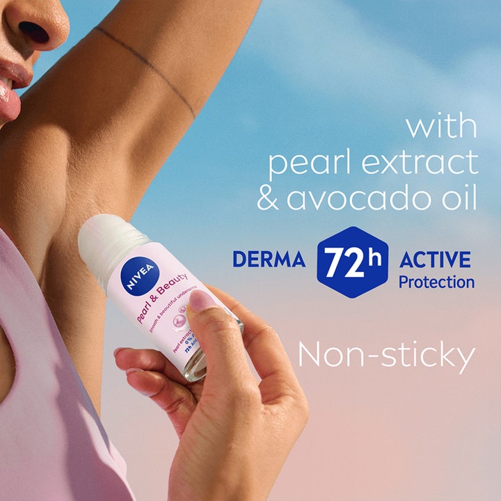 NIVEA Pearl & Beauty Roll-On 50 ml deodorant med perleekstrakt og avokadoolje påføres for 72 timers beskyttelse