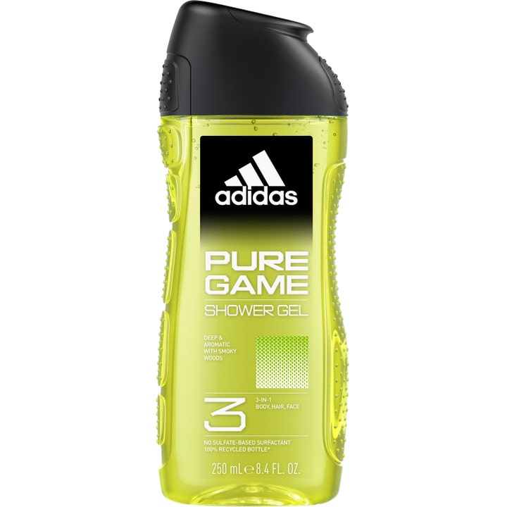 Adidas Pure Game 250 ml dusjsåpe for kropp og hår i en lysegrønn gjennomsiktig flaske med sort kork.