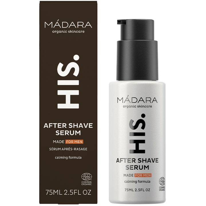 MÁDARA HIS After Shave Serum 75 ml beroligende serum i hvit pumpeflaske og mørkebrun eske