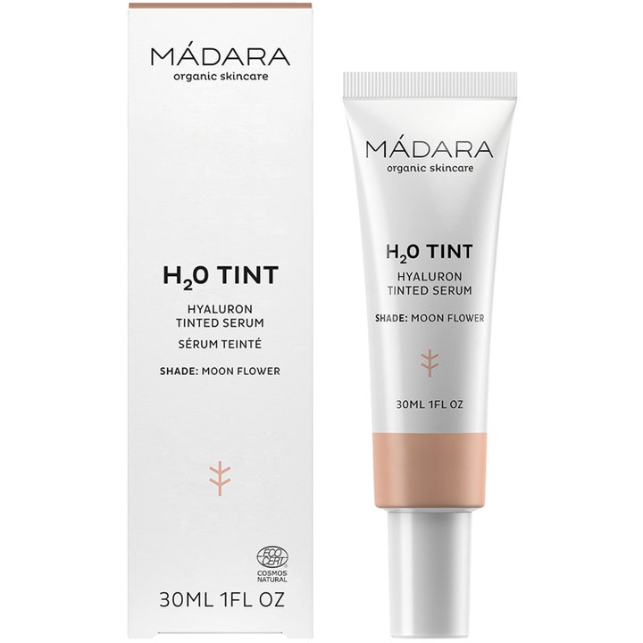 MÁDARA H2O Tint Hyaluron Tinted Serum 30 ml fuktighetsgivende serum i hvit tube som viser nyansen Moon Flower.