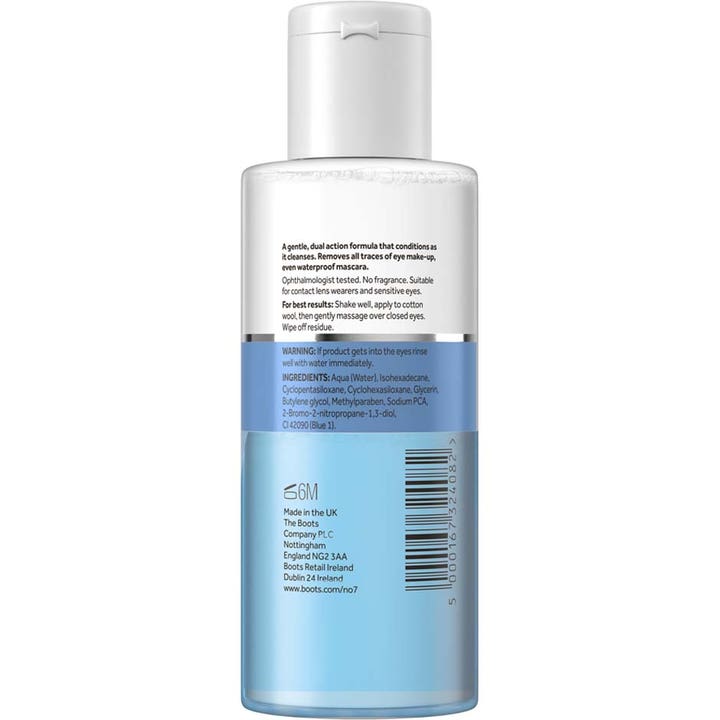 No7 Eye Make Up Remover 100 ml fjerner vannfast mascara baksiden av gjennomsiktig flaske med hvit kork