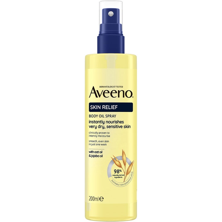 Aveeno Skin Relief Body Oil Spray 200 ml beroligende kroppsolje i gulaktig flaske med mørkeblå spraypumpe
