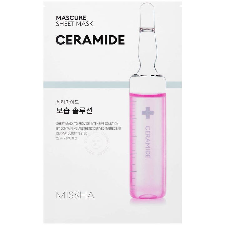 Missha Mascure Sheet Mask Ceramide 28 ml styrker hudbarrieren ansiktsmaske i hvit sachet med en rosa ampulle