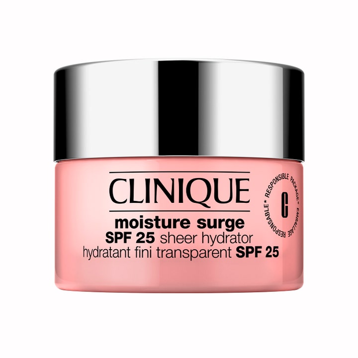 Clinique Moisture Surge SPF 25 Sheer Hydrator fuktighetskrem i en rosa krukke med et skinnende sølvfarget lokk.