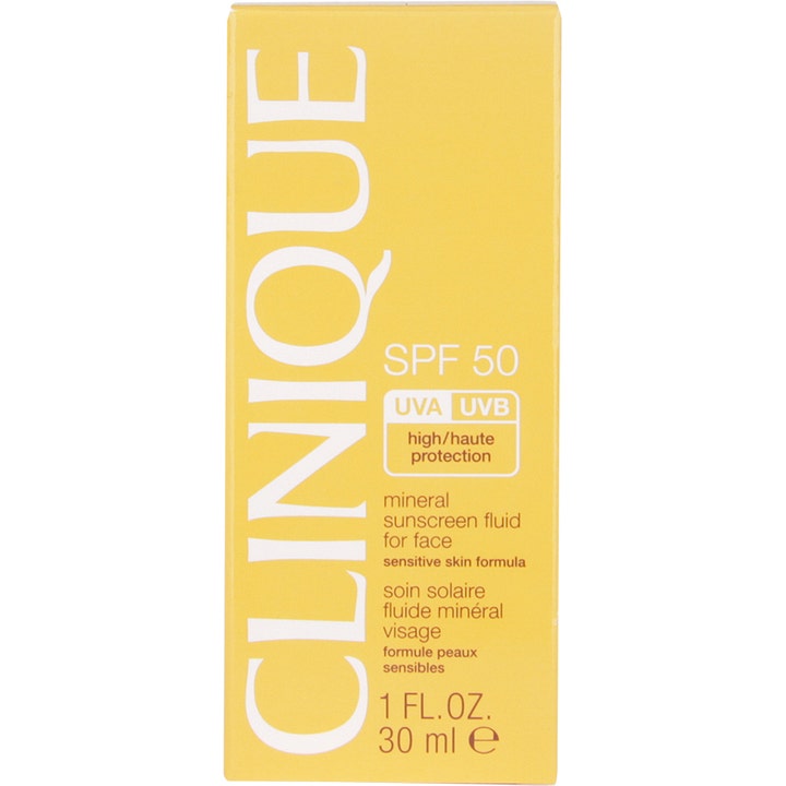 Clinique SPF50 Mineral Sunscreen Face 30 ml solkrem for sensitiv hud i gul eske med hvit tekst og SPF 50-merking