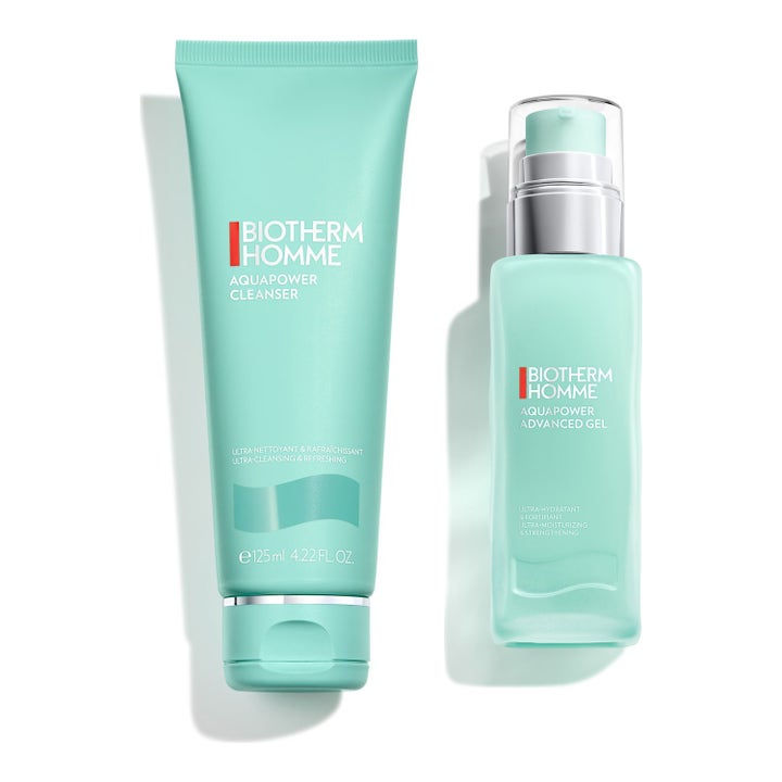 Biotherm Homme Aquapower Cleanser 125 ml og Advanced Gel fuktighetssett i mintgrønn tube og frostet pumpeflaske.