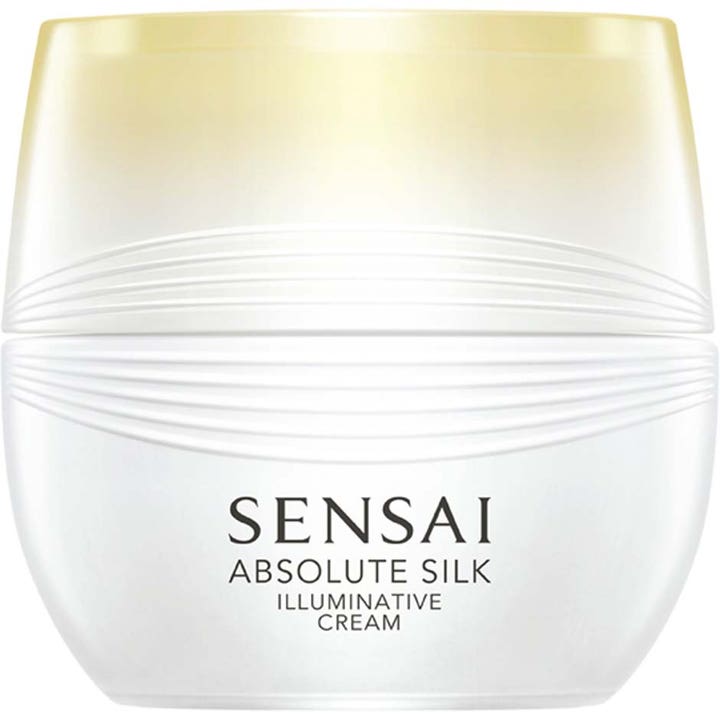 Sensai Absolute Silk Illuminative Cream 40 ml glødgivende ansiktskrem i hvit krukke med riller og gullfarget lokk