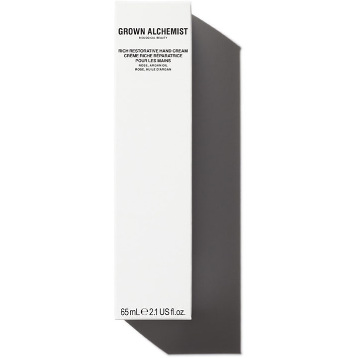 Grown Alchemist Rich Restorative Hand Cream 65 ml gjenoppbyggende håndkrem i hvit eske med rose og arganolje